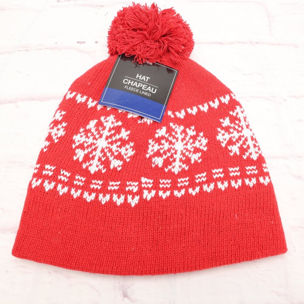 Chapeau Snowflake Winter Ski Beanie Hat Red White Fleece Lined W/Top Pom